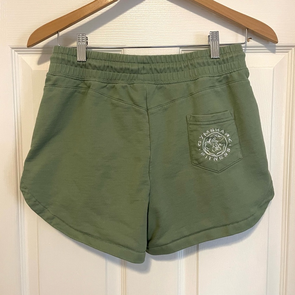 Gymshark Luxe Legacy Shorts Sage Green Sweat Shorts White Embroidery Cotton
